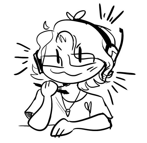 A chibi doodle of a person with short, wavy hair, headphones, and a mischievous grin. They're wearing a loose t-shirt and a bird skull necklace.