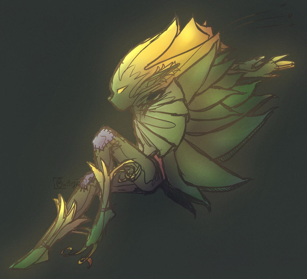 A woman drawn 4 times in varying levels of detail, with horizontal lines marking what the artist considers a portrait, bust, half-body, and full-body drawing of a humanoid figure. The artist is listening to some tunes in the upper-right corner.