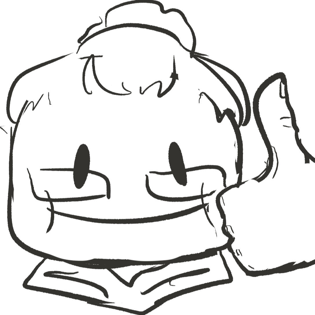 A chibi doodle of a person with short, wavy hair, headphones, and a mischievous grin. They're wearing a loose t-shirt and a bird skull necklace.